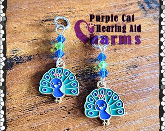 Enamel Hearing Aid Charm Peacocks with Czech Glass Accent Beads!