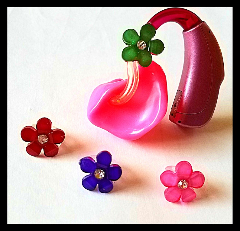 Hearing Aid Tube Trinkets: Petite Jeweled Flowers. Available in 4 great colors Please select quantity 2 for a pair image 3