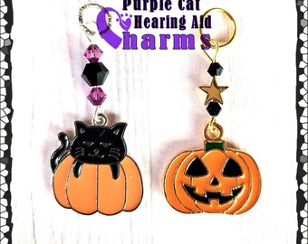 Hearing Aid Charms:  Cute Black Cat or Jack-o-lantern with Czech Glass and Swarovski Crystal Accent Beads!