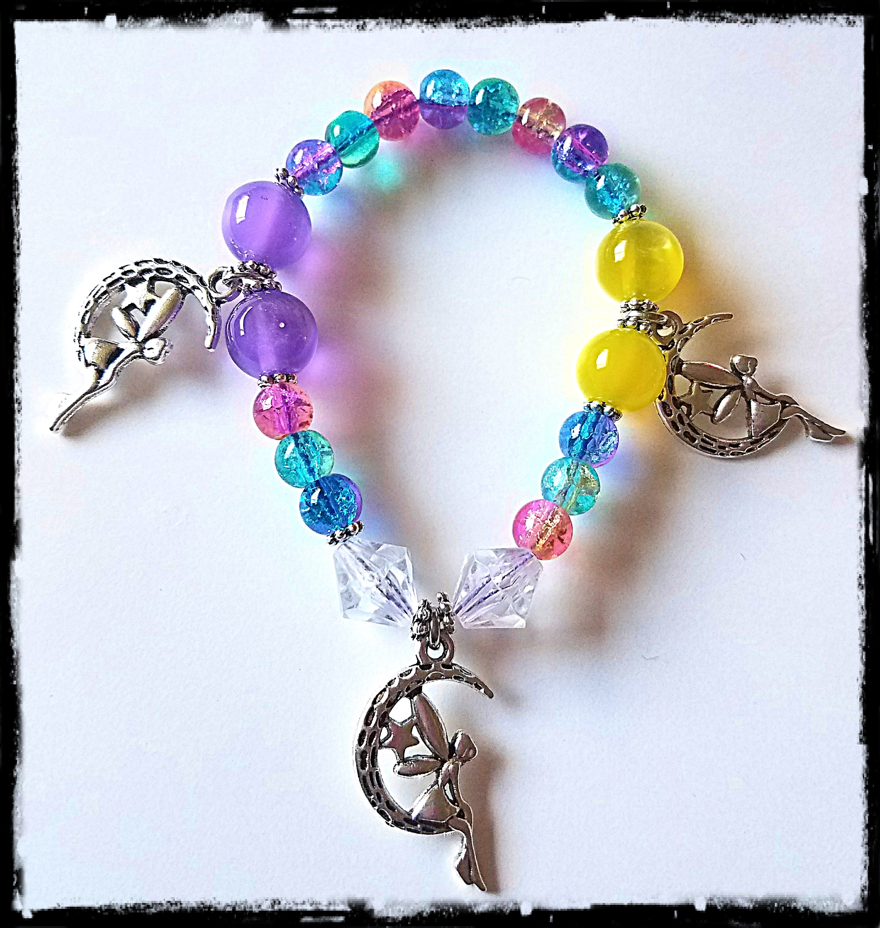 Moon Fairy Beaded Charm Bracelet with Crackle Glass and Acrylic