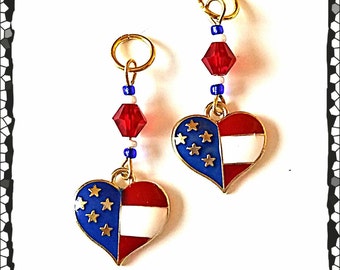 Hearing Aid Charms:  Patriotic American Flag Hearts with Glass Accent Beads!  Also available in matching Mother Daughter Sets!