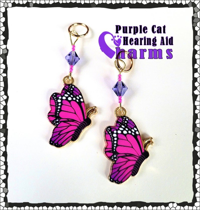 Hearing Aid Charms: Bright and Vibrant Rainbow or Pink and Purple Butterflies with Czech Glass and Swarovski Crystal Accent Beads image 5