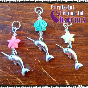 Hearing Aid Charms:  Silver Plated Narwhals with Seashell and Czech Glass Accent Beads!  3 colors to choose from!