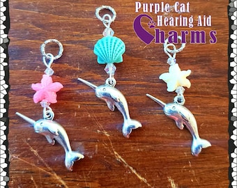 Hearing Aid Charms:  Silver Plated Narwhals with Seashell and Czech Glass Accent Beads!  3 colors to choose from!