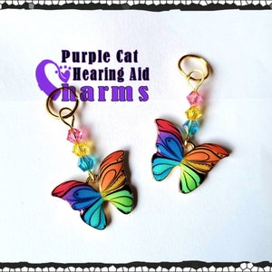 Hearing Aid Charms: Bright and Vibrant Rainbow or Pink and Purple Butterflies with Czech Glass and Swarovski Crystal Accent Beads image 3