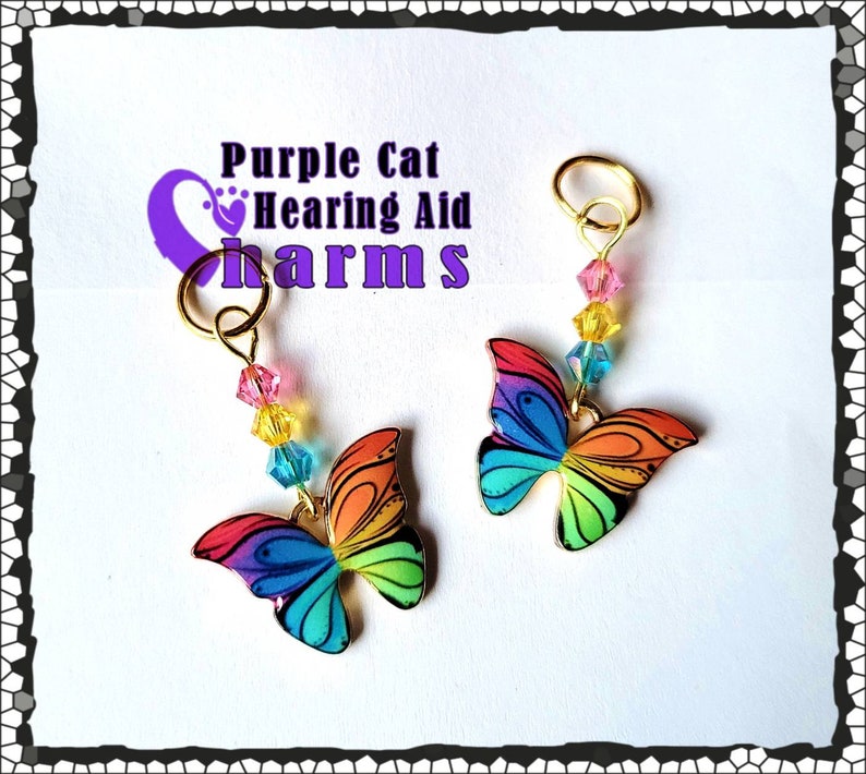 Hearing Aid Charms: Bright and Vibrant Rainbow or Pink and Purple Butterflies with Czech Glass and Swarovski Crystal Accent Beads image 3