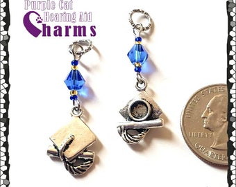 Hearing Aid Charms:  Antique Silver Graduation Caps with Czech Glass and Swarovski Crystal Accent Beads! Personalize w/your School Colors!