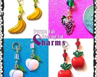 Hearing Aid Charms:  Fun Fruits with Czech Glass Accent Beads!  Bananas, Apples, Peaches, and Grapes with Czech Glass Accent Beads!