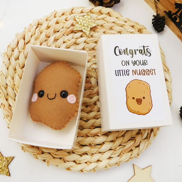 Felt chicken nugget baby shower funny newborn gift matchbox, cute pregnancy gift, funny puns, chicken nugget plush, pocket hug, felt food