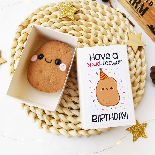 Patata in feltro pannolenci dentro scatola di fiammiferi gioco di parole di compleanno, idea regalo divertente, pupazzi in feltro