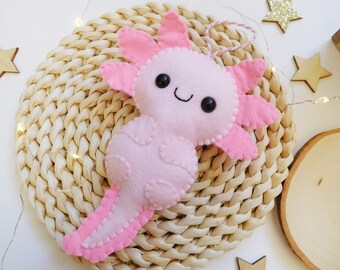 Felt axolotl kawaii Christmas handmade ornament, stockin stuffer for her, Christmas gift, gift for him
