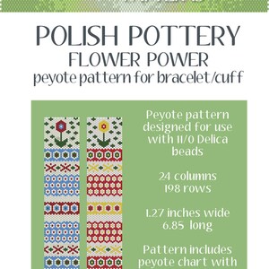 Może przedstawiać: Wz&oacute;r koralikowy w technice peyote na bransoletkę lub mankiet z kolorowym wzorem kwiatowym. Wz&oacute;r jest przeznaczony do użycia z koralikami Delica 11/0 i zawiera schemat peyote, schemat słowny i listę koralik&oacute;w. Gotowa bransoletka ma 1,27 cala szerokości i 6,85 cala długości.