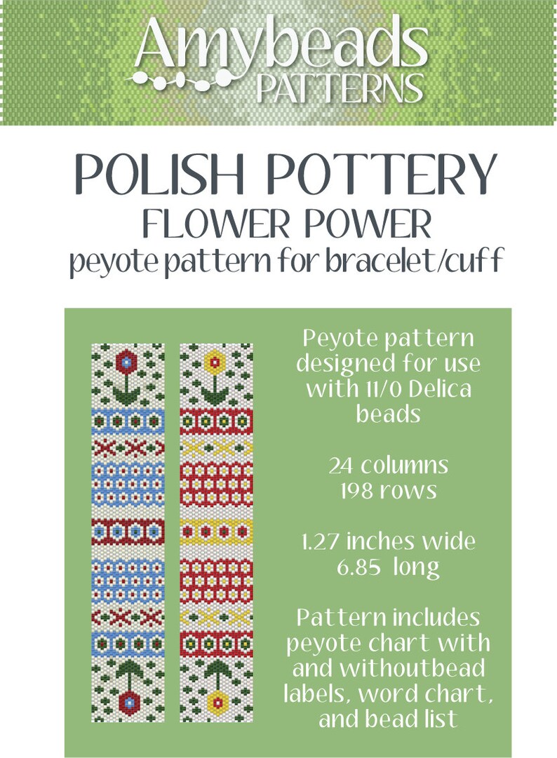 Może przedstawiać: Wz&oacute;r koralikowy w technice peyote na bransoletkę lub mankiet z kolorowym wzorem kwiatowym. Wz&oacute;r jest przeznaczony do użycia z koralikami Delica 11/0 i zawiera schemat peyote, schemat słowny i listę koralik&oacute;w. Gotowa bransoletka ma 1,27 cala szerokości i 6,85 cala długości.