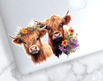 Highland Cow Flower Sticker | Purple Orange Flower Cow Tumbler Decal | Cow Sticker | Cute Highland Cow Sticker| Flower Cow Decal