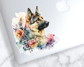 Floral German Shepherd Sticker | Watercolor Dog Sticker | Dog Decal | Flower GSD Sticker | German Shepherd Dog Decal