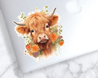 Highland Cow Flower Sticker | Orange Flower Cow Tumbler Decal | Cow Sticker | Cute Highland Cow Sticker| Flower Cow Decal