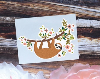 Sloth Sticker | Cute Sloth Hanging on Branch Vinyl Decal | Flower Sloth Sticker | Sloth Tree Branch Decal | | Animal Decal  | Tumbler Decal