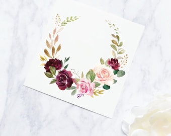 Flower Wreath Sticker | Laurel Blush Burgundy Flower Decal | Watercolor Flower Decal Floral Wreath Sticker | Wedding Flower Decal