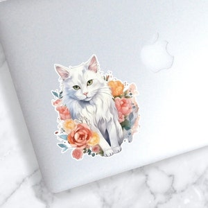 Floral Cat Sticker | Fluffy White Cat Decal | Cat Car Decal | Vinyl Decal | Watercolor floral sticker| Cat Laptop Sticker | Flower Cat Decal