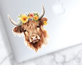 Highland Cow Flower Sticker | Yellow Pink Flower Cow Tumbler Decal | Cow Sticker | Cute Highland Cow Sticker| Flower Cow Decal