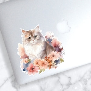 Floral Cat Sticker | Fluffy Cat Decal | Cat Car Decal | Vinyl Decal | Watercolor floral sticker| Cat Laptop Sticker | Flower Cat Decal