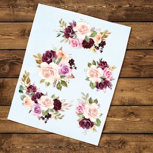 Blush, Lavender, Burgundy Floral Decal Pack | Watercolor Floral Vinyl Decals | Flower Sticker Sheet | Pink and Maroon Floral Decals