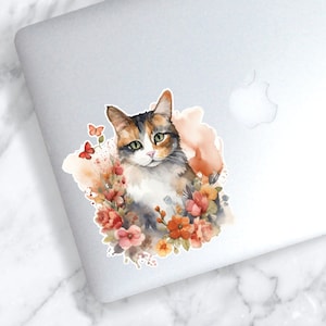 Floral Cat Sticker | Calico Cat Decal | Cat Car Decal | Vinyl Decal | Watercolor flower sticker | Cat Laptop Sticker | Flower Cat Decal