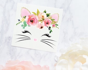 Cat Sticker | Cat Flower Crown Whiskers Vinyl Decal | Eye Lash Decal | Cat Laptop Decal | Cat Whisker Decal | Cat Floral Decal