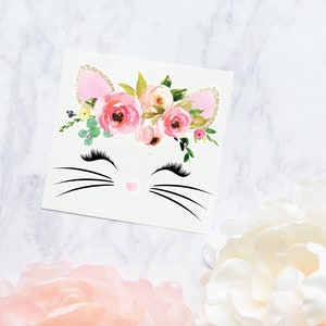 Cat Sticker | Cat Flower Crown Whiskers Vinyl Decal | Eye Lash Decal | Cat Laptop Decal | Cat Whisker Decal | Cat Floral Decal