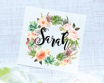 Succulent Wreath Monogram Decal | Floral Succulent Sticker | Watercolor Monogram Decal | Floral Decal | Succulent Decal