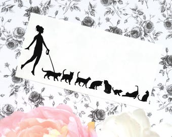 Cat Vinyl Car Laptop Decal, Cat sticker, Woman Walking Cats decal