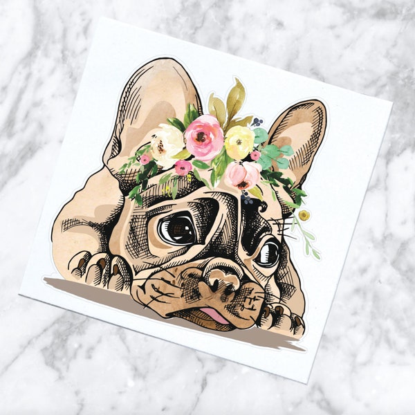 French Bulldog Sticker | Watercolor Frenchie Sticker | Floral Dog Car Decal | Dog Decal | Frenchie Vinyl Sticker | Fawn French Bulldog Decal