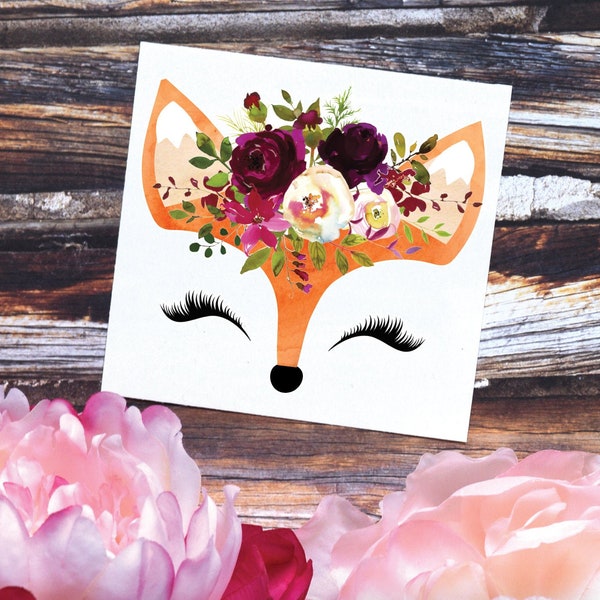 Happy Fox Vinyl Sticker | Burgundy Flower Crown Fox Decal | Watercolor Fox Sticker | Flower Crown Fox Decal | Watercolor Fox Sticker