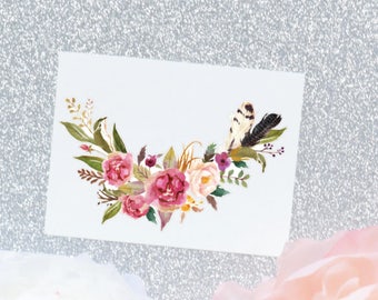 Flower Bouquet Sticker | Watercolor Dark Pink Posy Floral Vinyl Sticker | Feather and Flower Sticker | Watercol Flower Decal