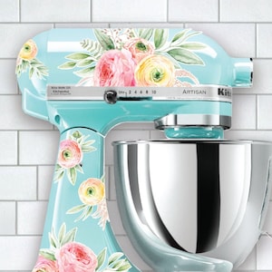 Pink and Yellow Ranunculus Mixer Decals | Watercolor Floral Decals | Pastel Flower Decal | Kitchen Decals | Pink Flower Sticker