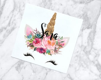 Unicorn Monogram Vinyl Decal | Floral Unicorn Crown Decal | Unicorn Flower Crown Sticker | Eye Lash Unicorn Sticker | Flower Decal