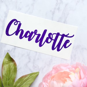 May include: A white rectangular sticker with the name "Charlotte" written in a purple cursive font.