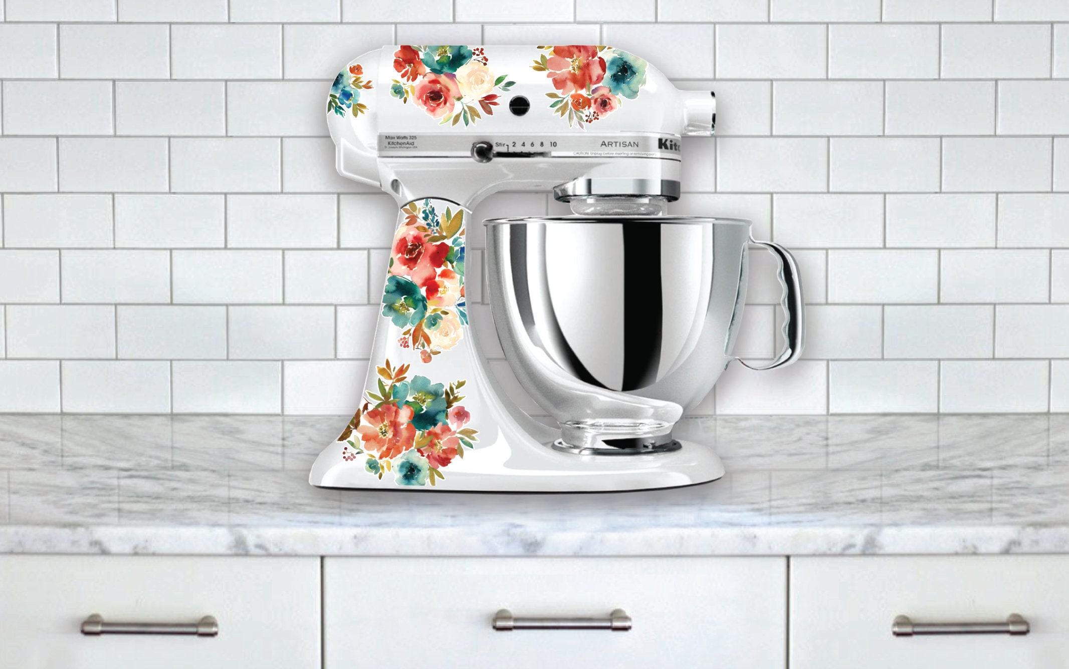 Red, Cream, Turquoise Floral Mixer Decals Featured in Pioneer Woman  Magazine Floral Decals Stand Mixer Decals Wildflower Decal 