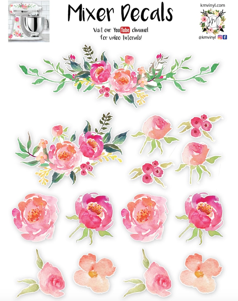 Pink Peony Flower Mixer Decals Watercolor Floral Decals Etsy