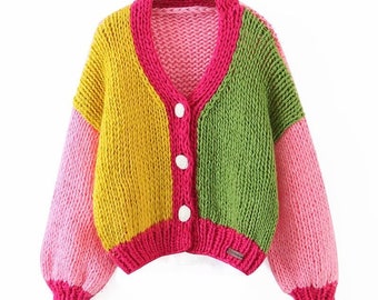 Oversized Wool Jacket V-neck Knit Jacket Multicolor FREE SHIPPING Knit Cropped Cardigan Chunky Knit Cardigan