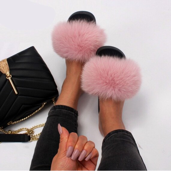 designer fox fur slides