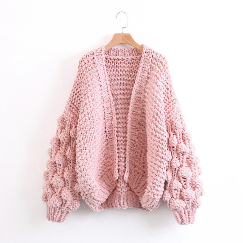 Chunky knit cardigan Bobble sleeves sweater Oversized Pink