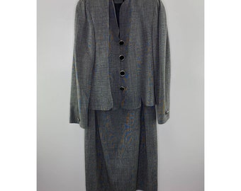 Vintage HERBERT GROSSMAN Chambray Skirt Suit Wool USA Size 8 Gray Lined