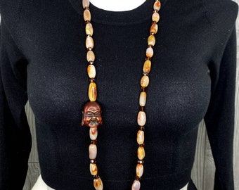 Vintage Artisan Buddha NECKLACE Long OOAK Handmade Natural Beads Neutral Tones