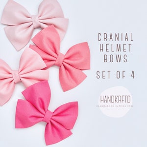 May include: Set of four pink, light pink, and dark pink fabric bows. The bows are handmade and are designed to be worn on a helmet. The text "Cranial Helmet Bows Set of 4" and "Handkrfted Handmade by Katrina Rose" is visible in the image.