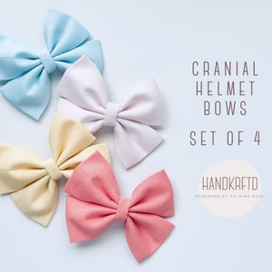 May include: Set of four fabric bows in pastel colors: light blue, pink, yellow, and coral. The bows are handmade and are designed to be worn on a cranial helmet. The text "Cranial Helmet Bows Set of 4" and "Handkrfted Handmade by Katrina Rose" is visible in the image.