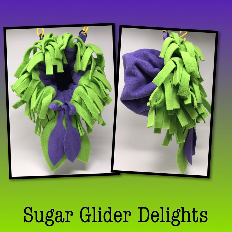 Sugar Glider, Flower Nest, Flower Pouch, Sleeping Pouch Purple/green fringe