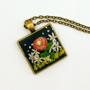 The Evening Primrose embroidered pendant in 25mm. Victorian, Vintage, Retro. Recycled.