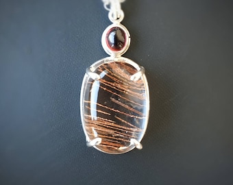 Rutilated kwarts en granaat in Sterling zilveren hanger
