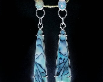 Blue opalized wood and welo opal earrings
